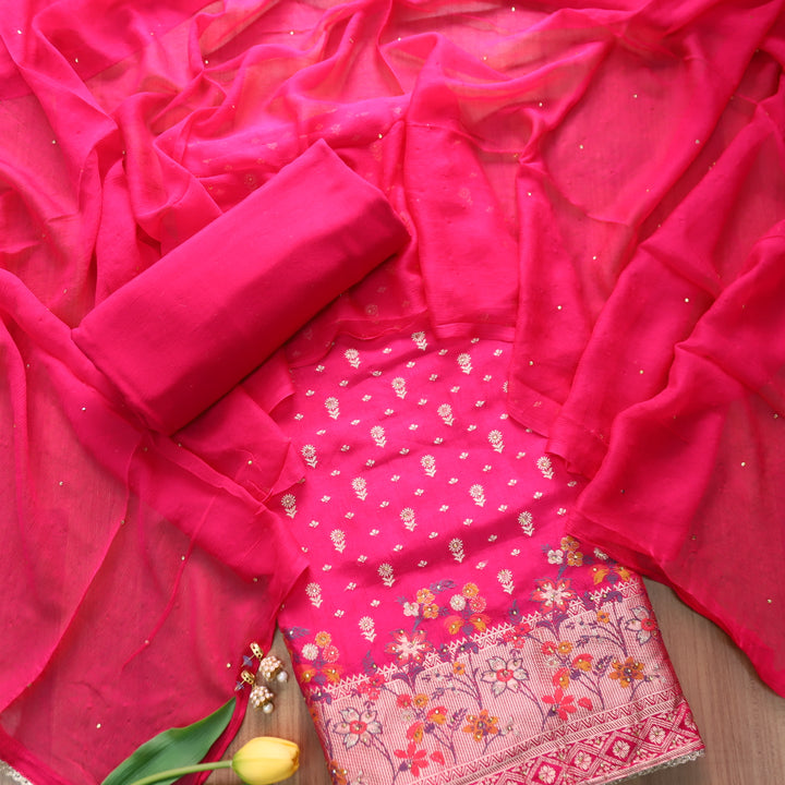 Naari Rani Pink All Over Zari Work with Jacquard Weaved Dola Silk Suit Set