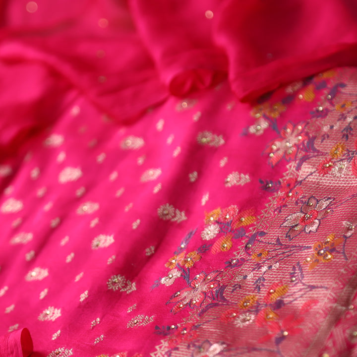 Naari Rani Pink All Over Zari Work with Jacquard Weaved Dola Silk Suit Set