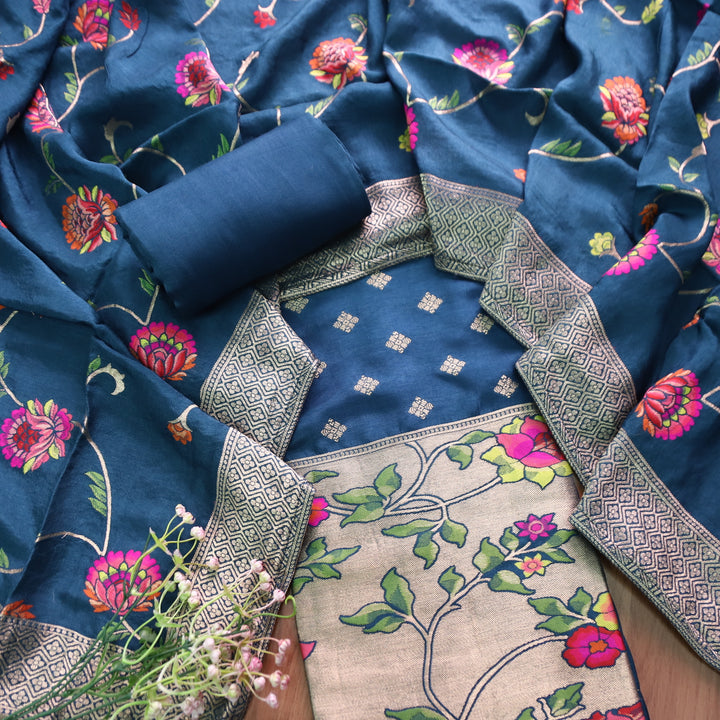 Darmiyan Cerulean Blue Floral Thread Work with Jacquard Weaving Hem Dola Silk Set