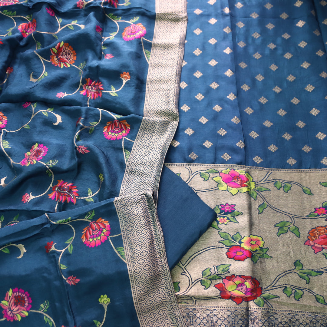 Darmiyan Cerulean Blue Floral Thread Work with Jacquard Weaving Hem Dola Silk Set