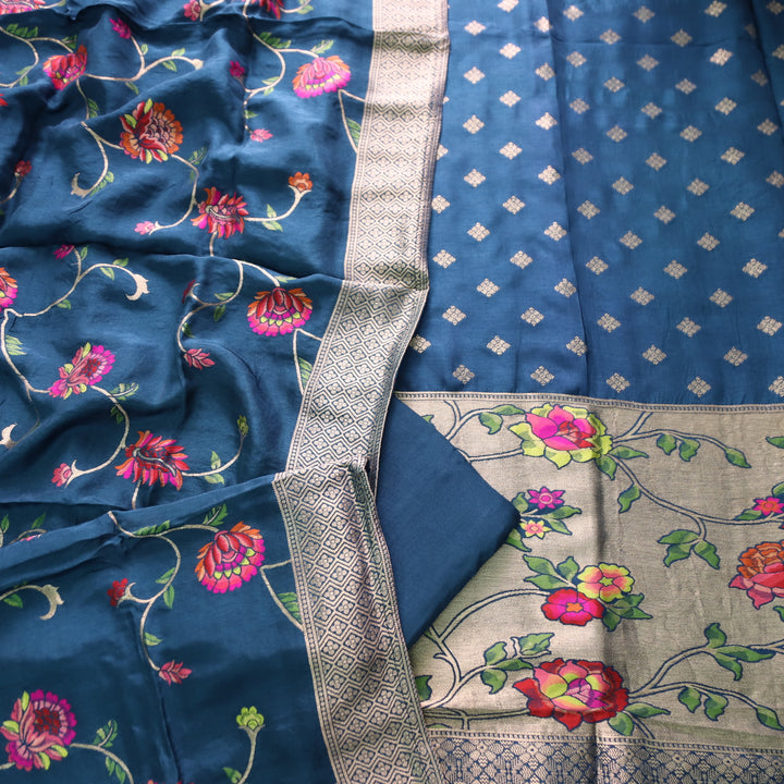 Darmiyan Cerulean Blue Floral Thread Work with Jacquard Weaving Hem Dola Silk Set