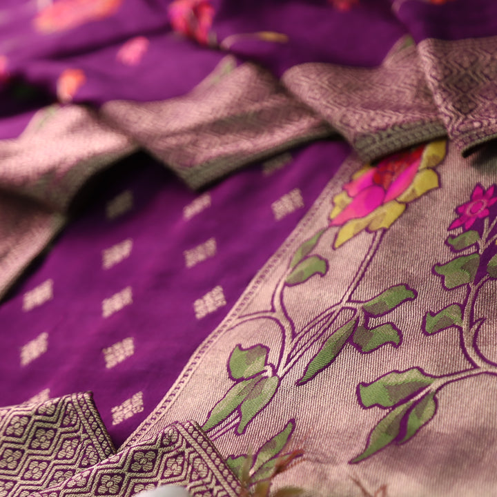 Darmiyan Vibrant Purple Floral Thread Work with Jacquard Weaving Hem Dola Silk Set