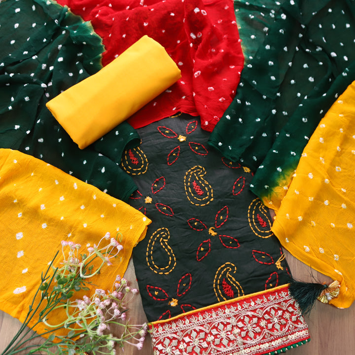 Sifarshi Dark Green All Over Thread work with Embellished Hem Cotton Suit Set