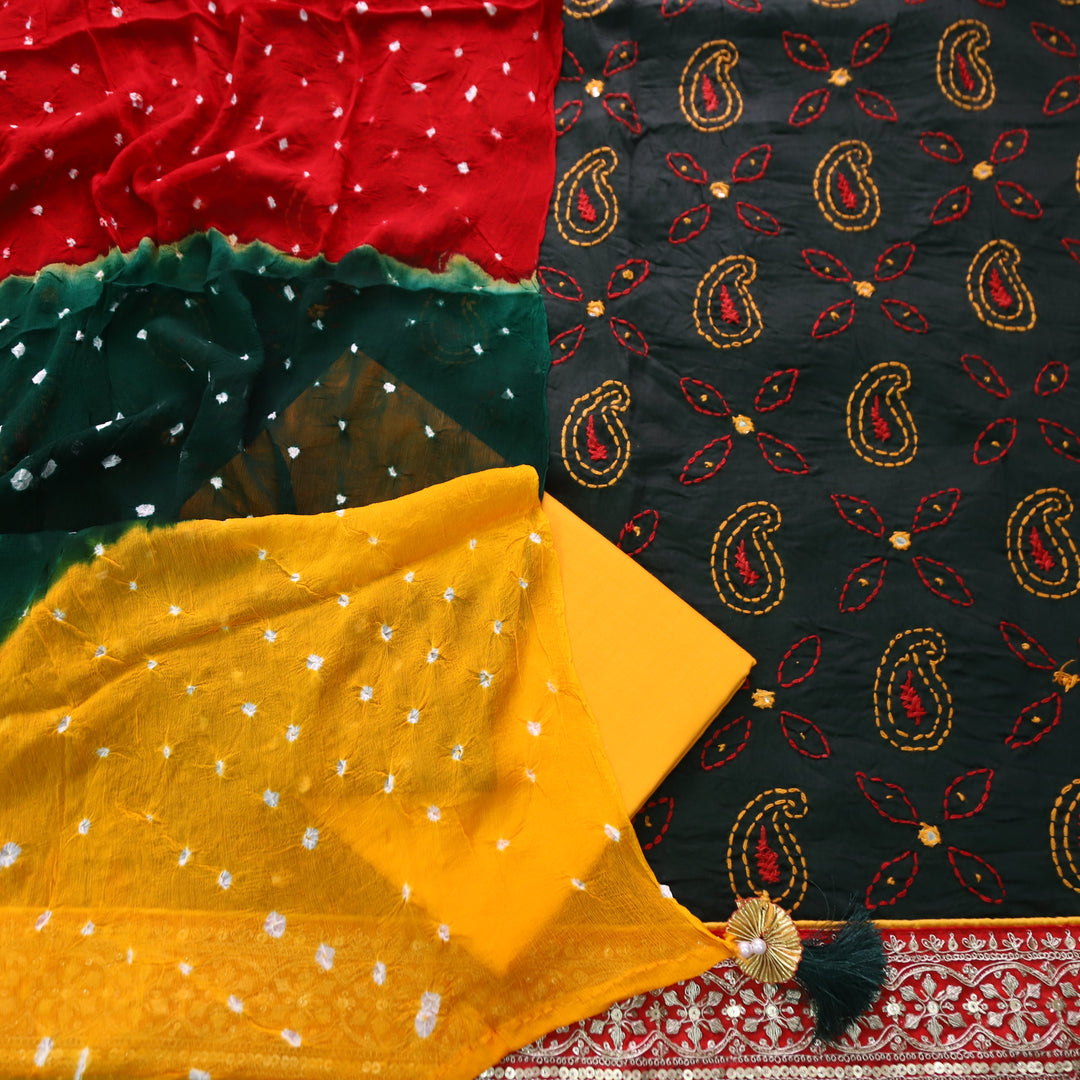 Sifarshi Dark Green All Over Thread work with Embellished Hem Cotton Suit Set