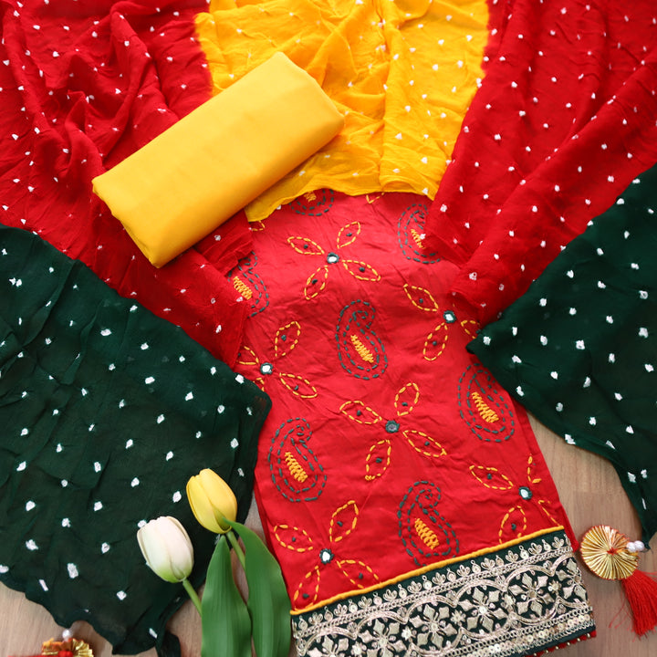 Sifarshi Apple Red All Over Thread work with Embellish Hem Cotton Suit Set