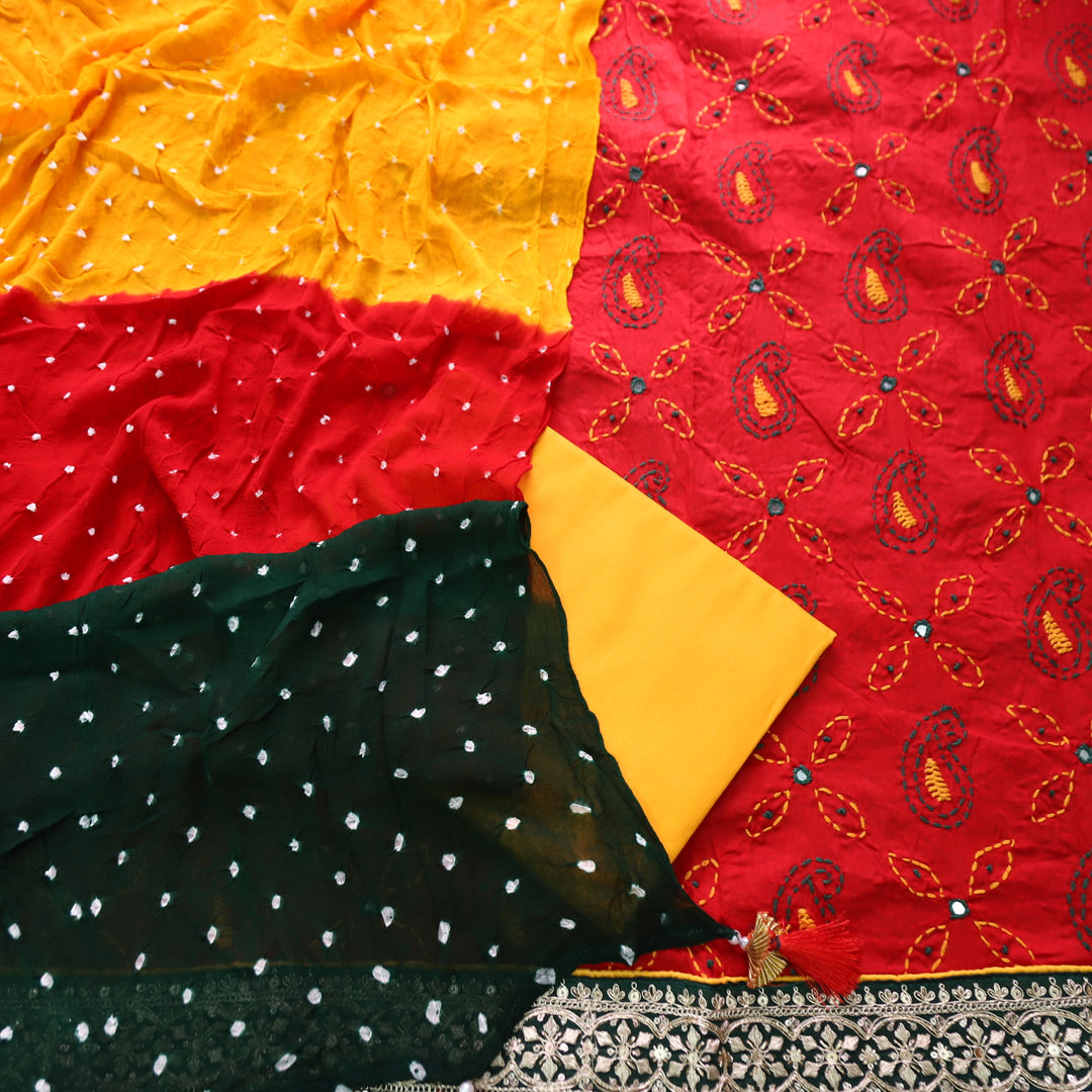 Sifarshi Apple Red All Over Thread work with Embellish Hem Cotton Suit Set