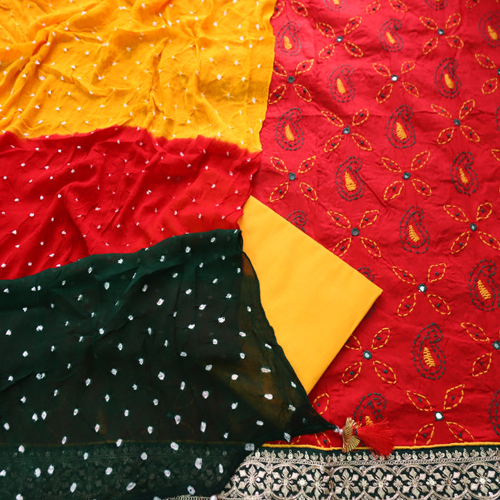 Sifarshi Apple Red All Over Thread work with Embellish Hem Cotton Suit Set