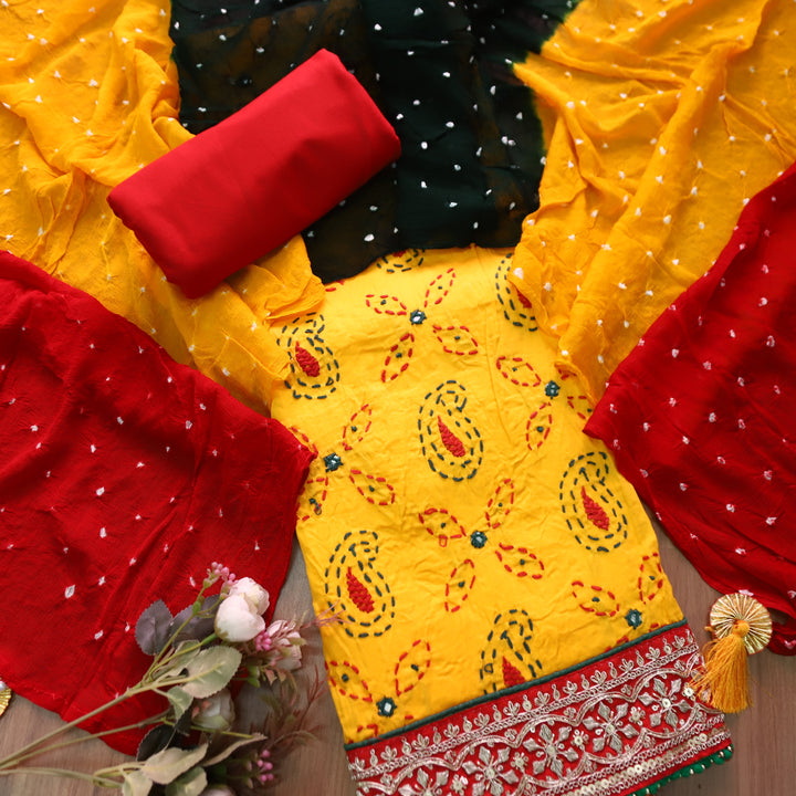 Sifarshi Bumblebee Yellow All Over Thread work with Embellish Hem Cotton Suit Set