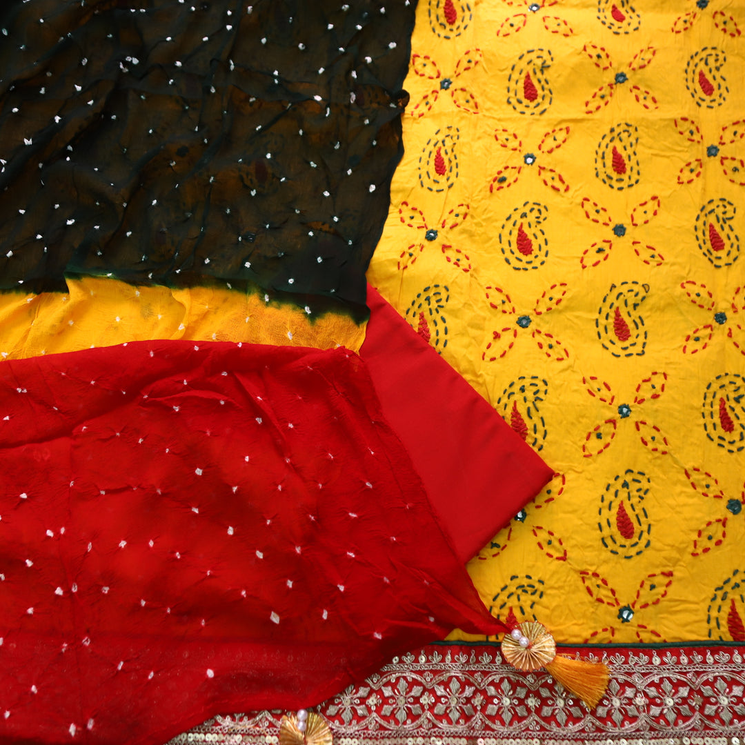 Sifarshi Bumblebee Yellow All Over Thread work with Embellish Hem Cotton Suit Set