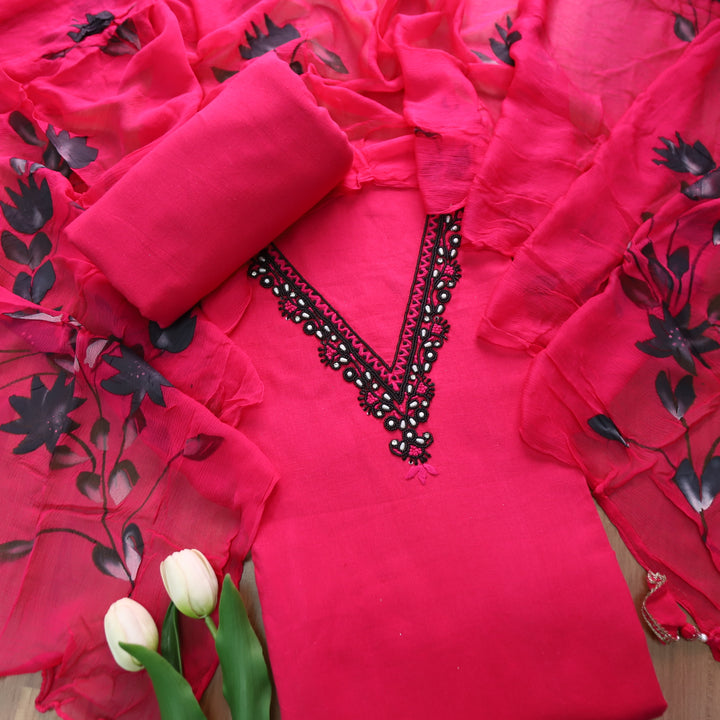 Blissta Barbie Pink V Neck in Moti with Thread Work Plain Cotton Suit Set
