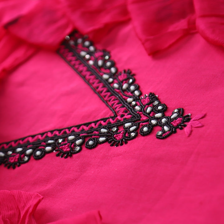 Blissta Barbie Pink V Neck in Moti with Thread Work Plain Cotton Suit Set