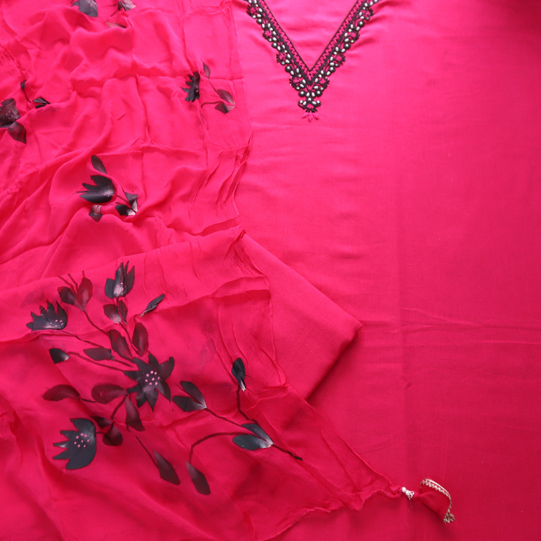 Blissta Barbie Pink V Neck in Moti with Thread Work Plain Cotton Suit Set