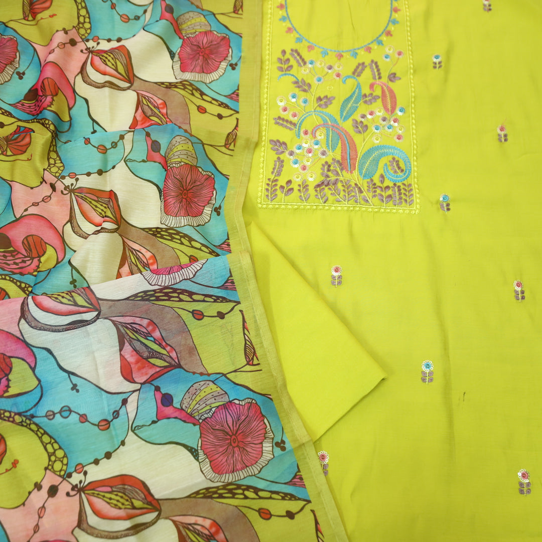 Manzeel Lemon Yellow Thread Embroidered Neckine Work Modal Suit Set-D1