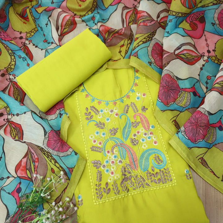 Manzeel Lemon Yellow Thread Embroidered Neckine Work Modal Suit Set-D1