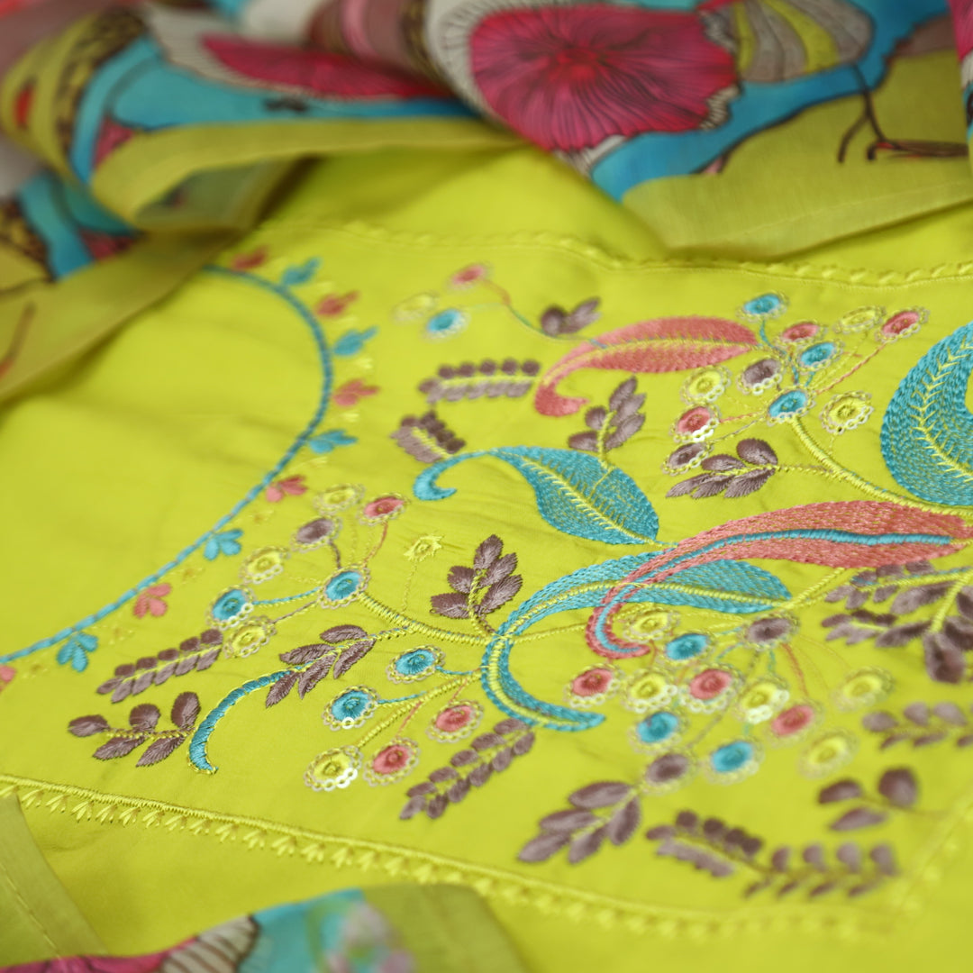 Manzeel Lemon Yellow Thread Embroidered Neckine Work Modal Suit Set-D1