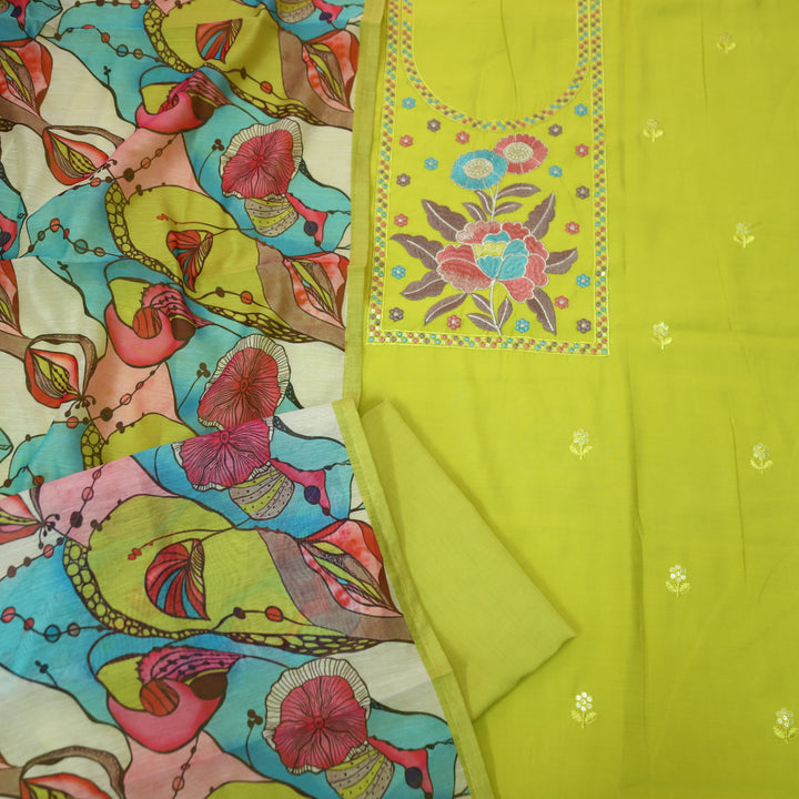 Manzeel Lemon Yellow Thread Embroidered Neckline Work Modal Suit Set D2