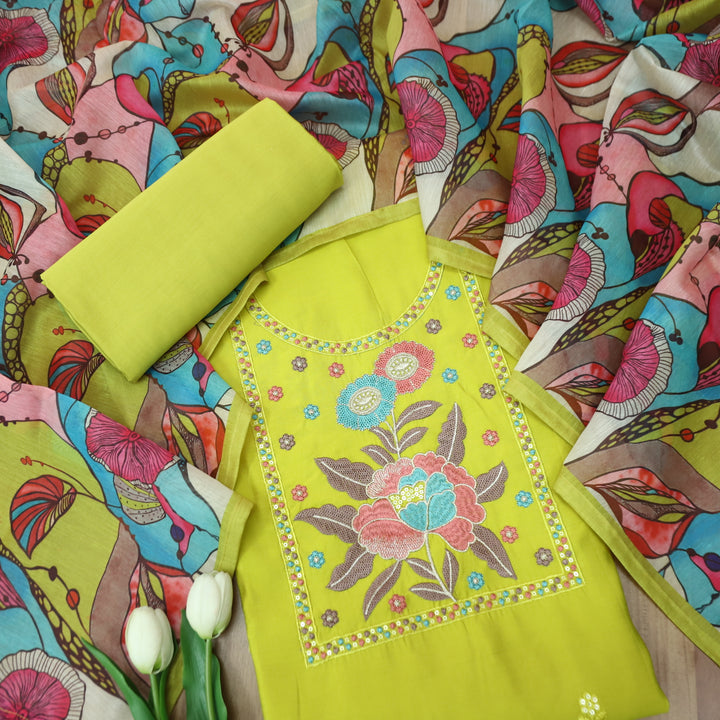 Manzeel Lemon Yellow Thread Embroidered Neckline Work Modal Suit Set D2