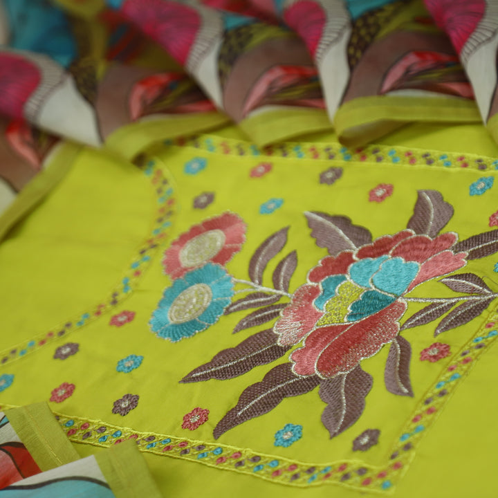 Manzeel Lemon Yellow Thread Embroidered Neckline Work Modal Suit Set D2
