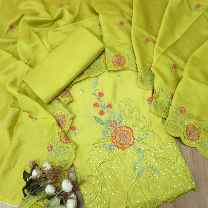 Manzeel Lemon Yellow Thread Embroidered Hem Work Modal Suit Set