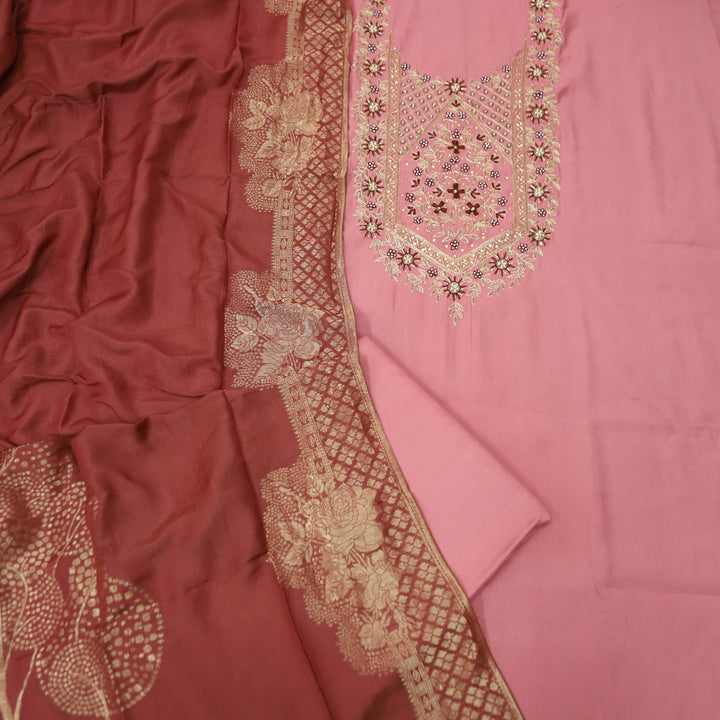 Riwaish Blush Rose Zari and Kardana Embellished Neck Work in Modal Suit Set