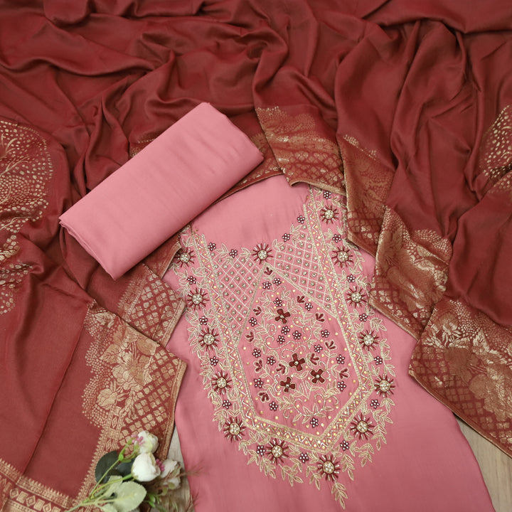 Riwaish Blush Rose Zari and Kardana Embellished Neck Work in Modal Suit Set