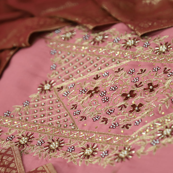 Riwaish Blush Rose Zari and Kardana Embellished Neck Work in Modal Suit Set