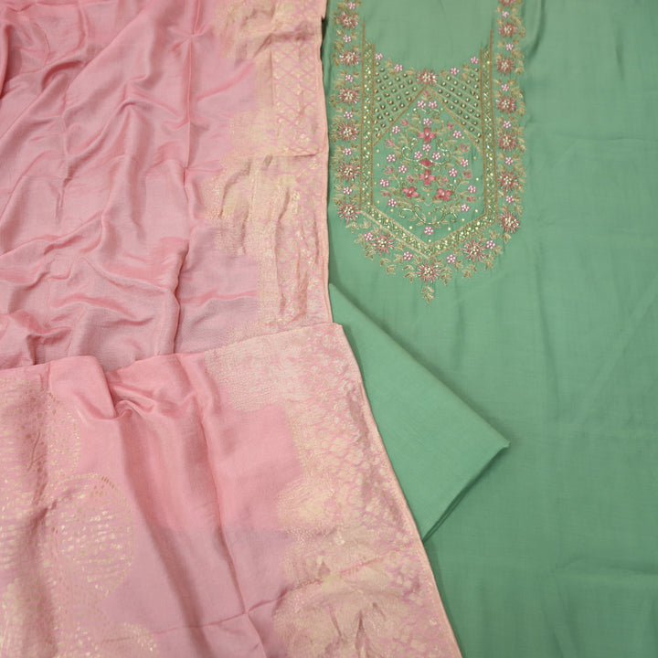 Riwaish Fern Sage Green Zari and Kardana Embellished Neck Work in Modal Suit Set