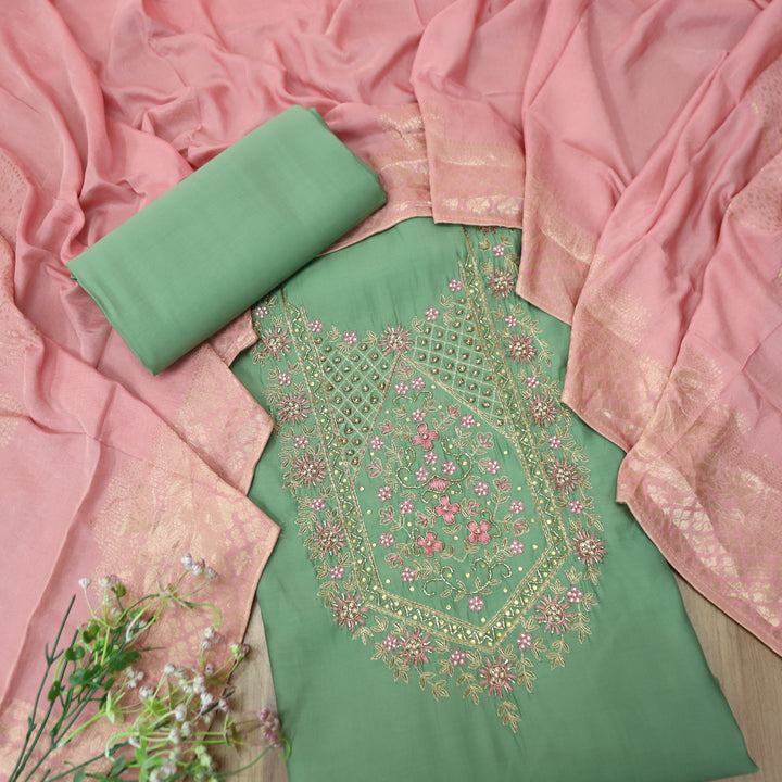 Riwaish Fern Sage Green Zari and Kardana Embellished Neck Work in Modal Suit Set