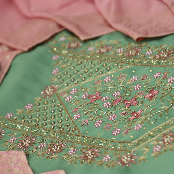 Riwaish Fern Sage Green Zari and Kardana Embellished Neck Work in Modal Suit Set