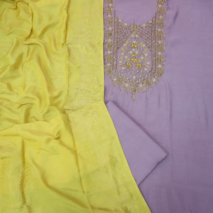 Riwaish Orchid Lilac Zari and Kardana Embellished Neck Work in Modal Suit Set
