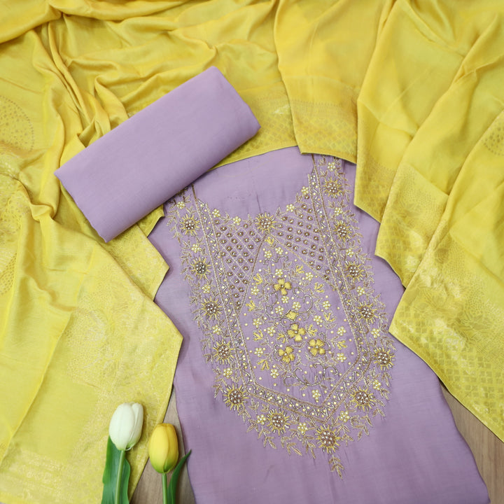 Riwaish Orchid Lilac Zari and Kardana Embellished Neck Work in Modal Suit Set