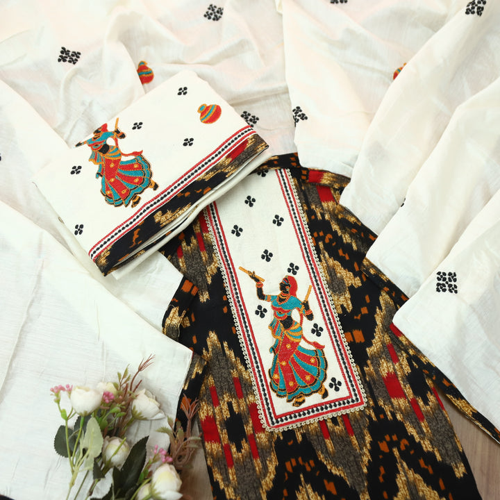 Mayaroop Oil Black Embriodered Patch on Neck in Ikkat Printed Cotton Suit Set