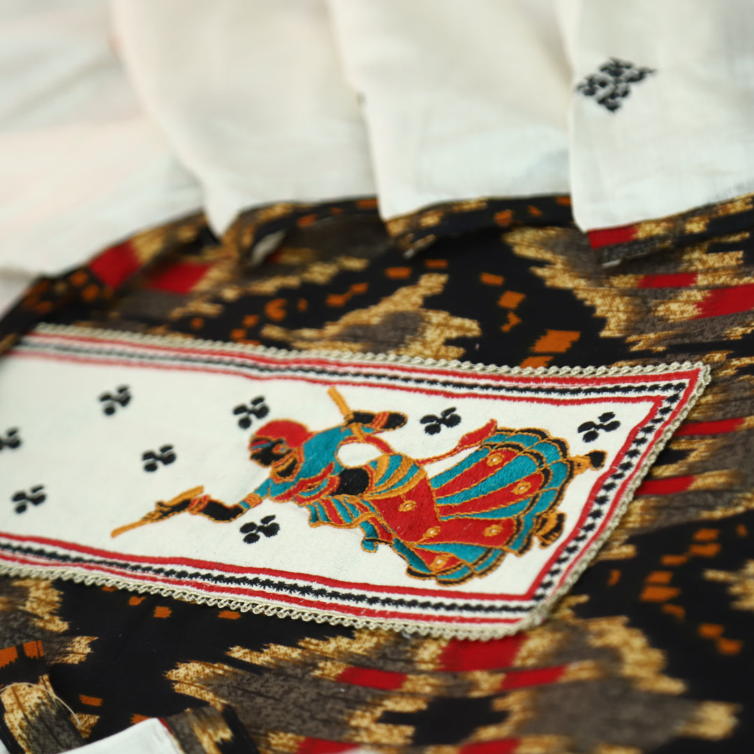 Mayaroop Oil Black Embriodered Patch on Neck in Ikkat Printed Cotton Suit Set