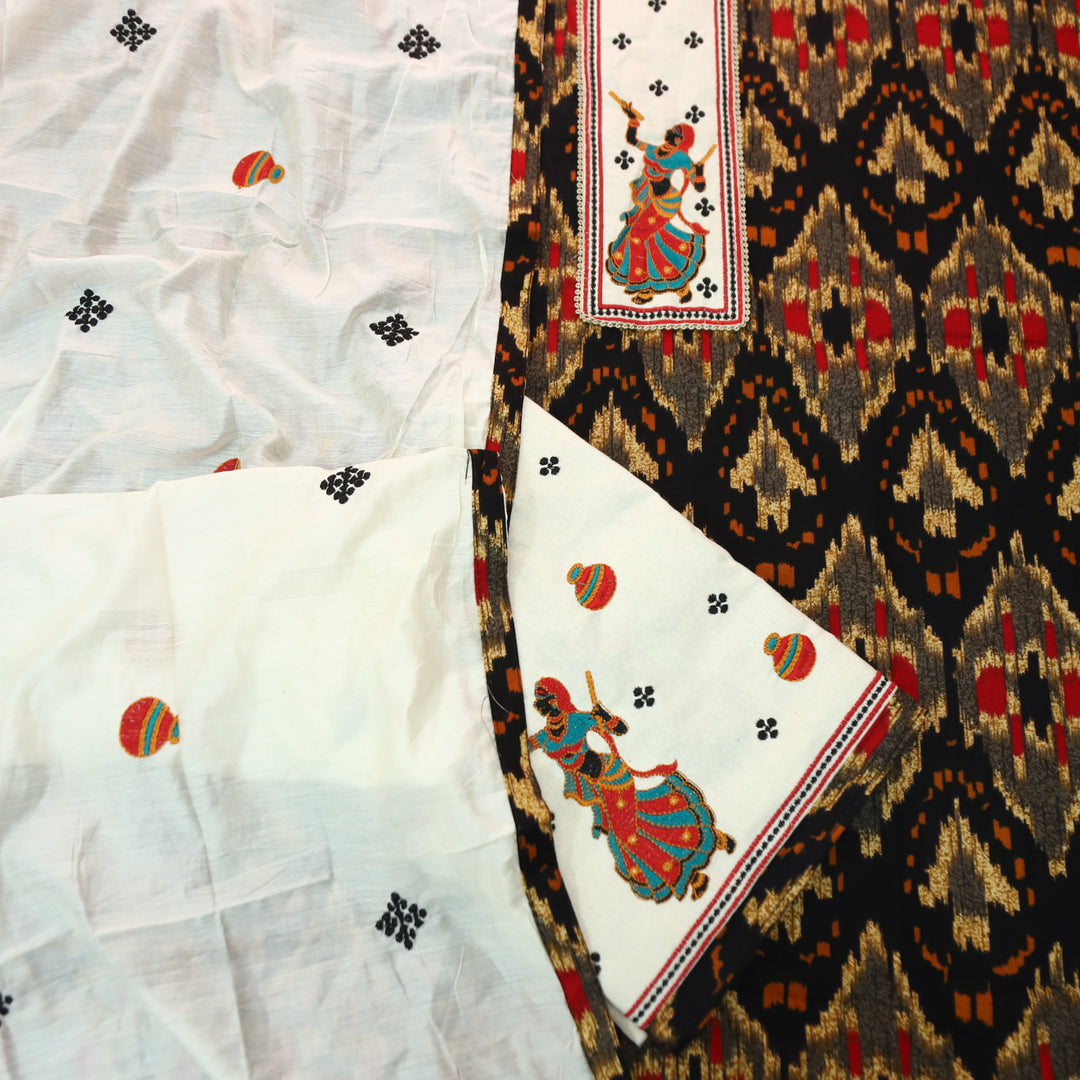 Mayaroop Oil Black Embriodered Patch on Neck in Ikkat Printed Cotton Suit Set