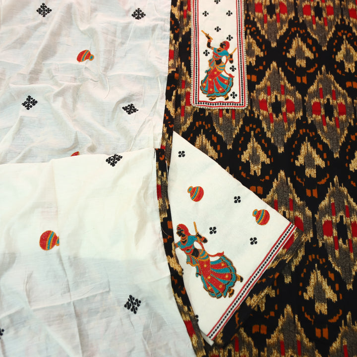 Mayaroop Oil Black Embriodered Patch on Neck in Ikkat Printed Cotton Suit Set