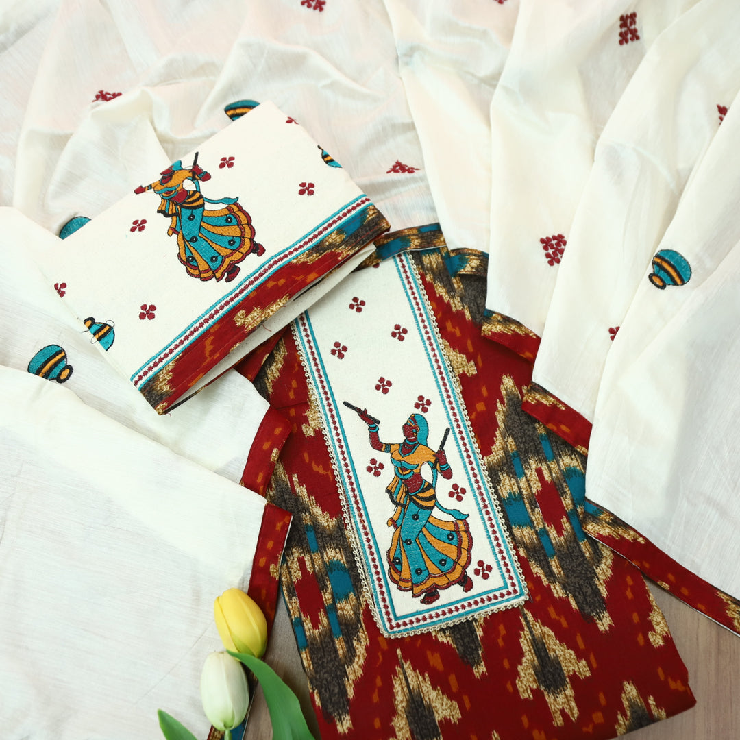 Mayaroop Cherry Red Embriodered Patch on Neck in Ikkat Printed Cotton  Suit Set