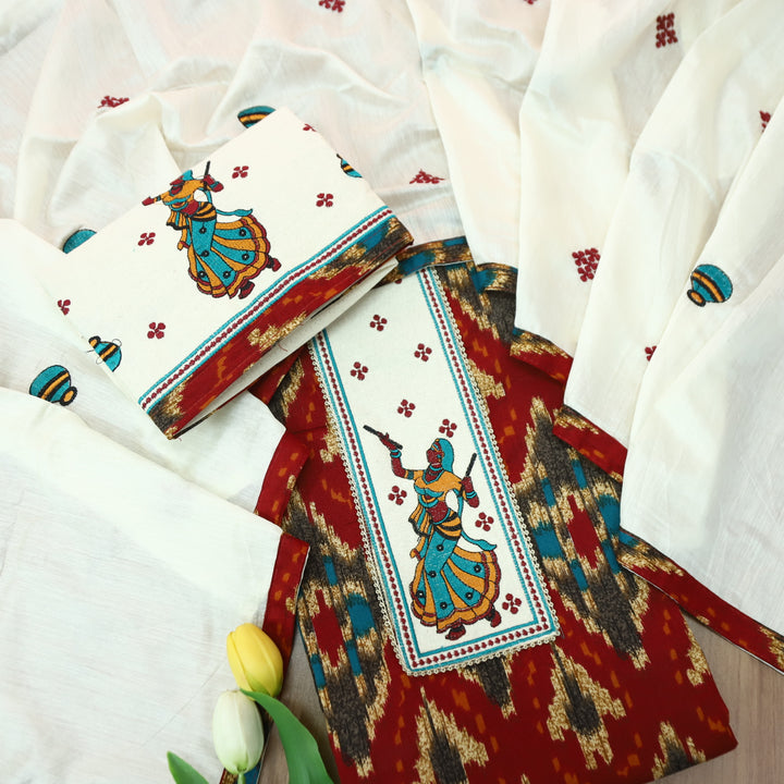Mayaroop Cherry Red Embriodered Patch on Neck in Ikkat Printed Cotton  Suit Set