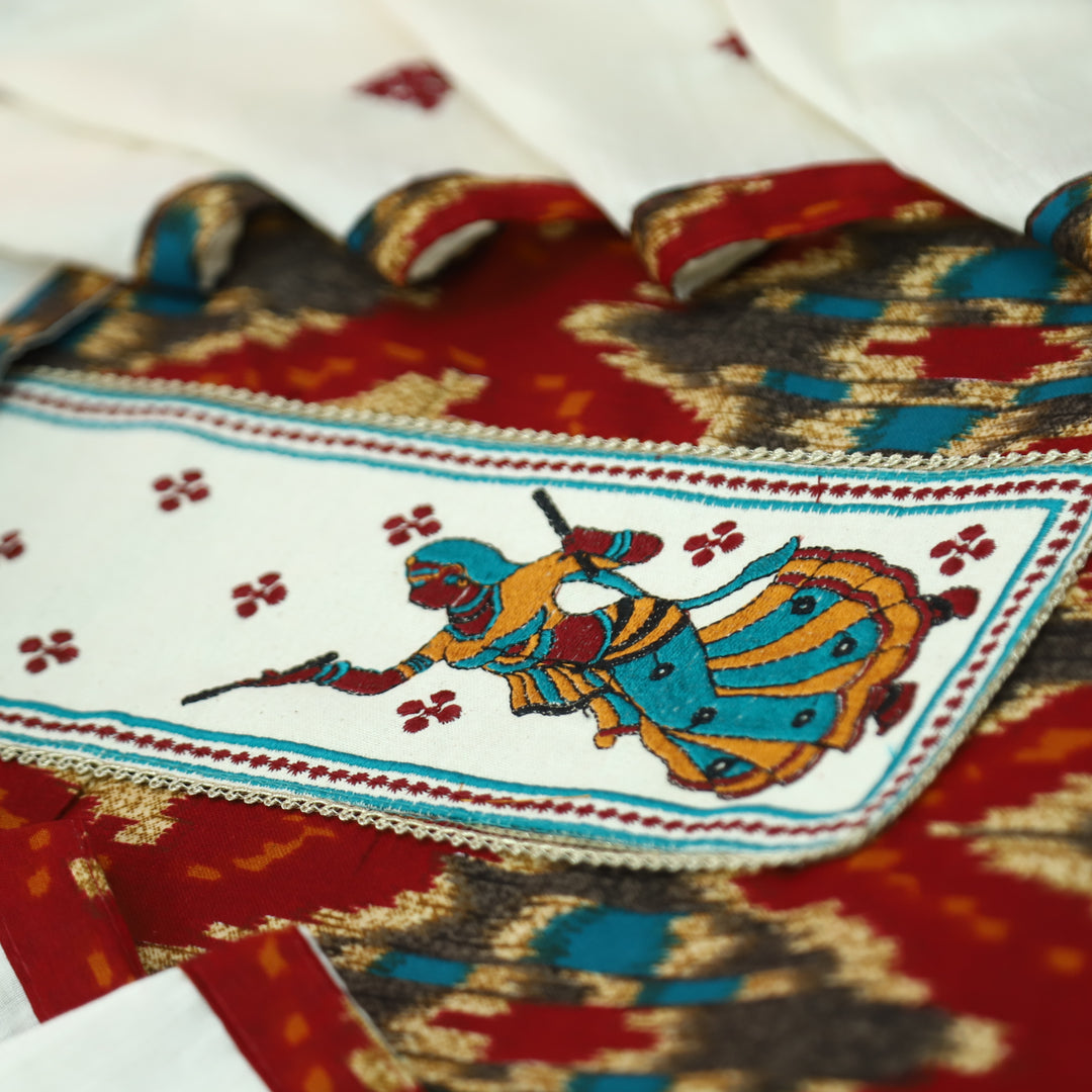 Mayaroop Cherry Red Embriodered Patch on Neck in Ikkat Printed Cotton  Suit Set