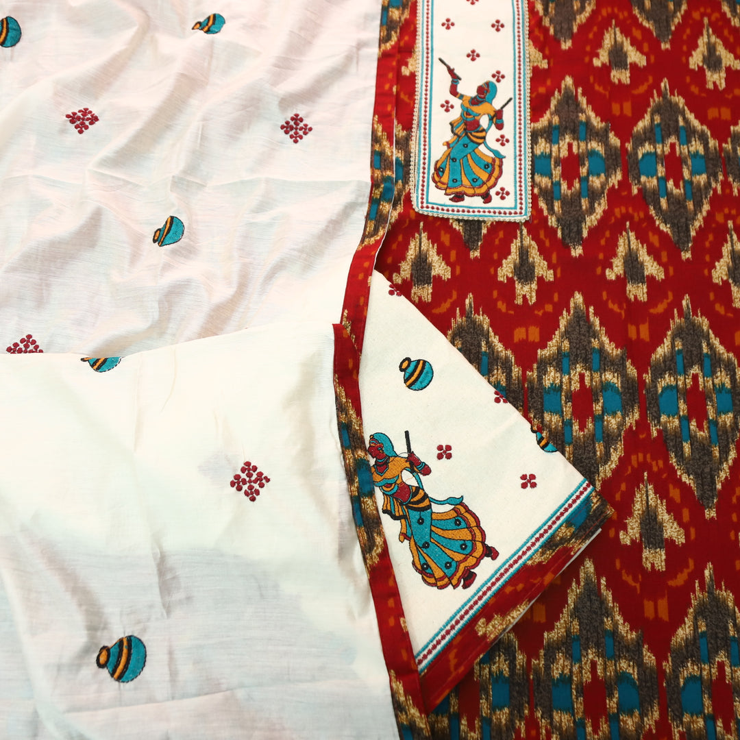 Mayaroop Cherry Red Embriodered Patch on Neck in Ikkat Printed Cotton  Suit Set