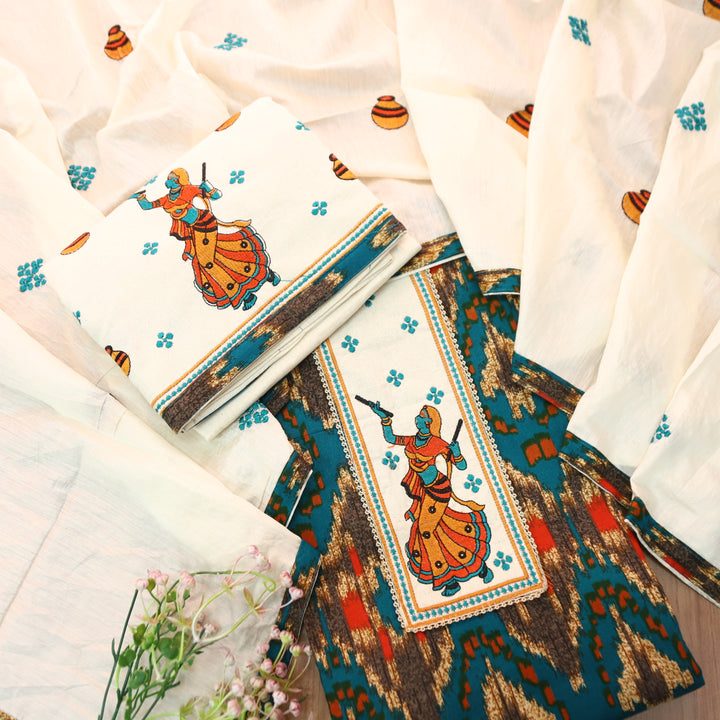 Mayaroop Cerulean Teal Embriodered Patch on Neck in Ikkat Printed Cotton Suit Set