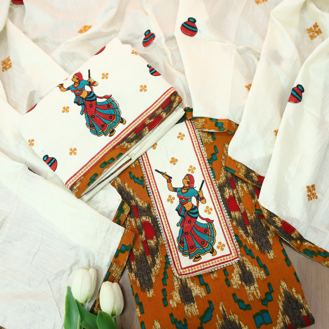 Mayaroop Dijon Yellow Embriodered Patch on Neck in Ikkat Printed Cotton Suit Set