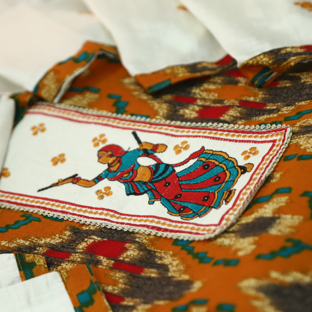Mayaroop Dijon Yellow Embriodered Patch on Neck in Ikkat Printed Cotton Suit Set