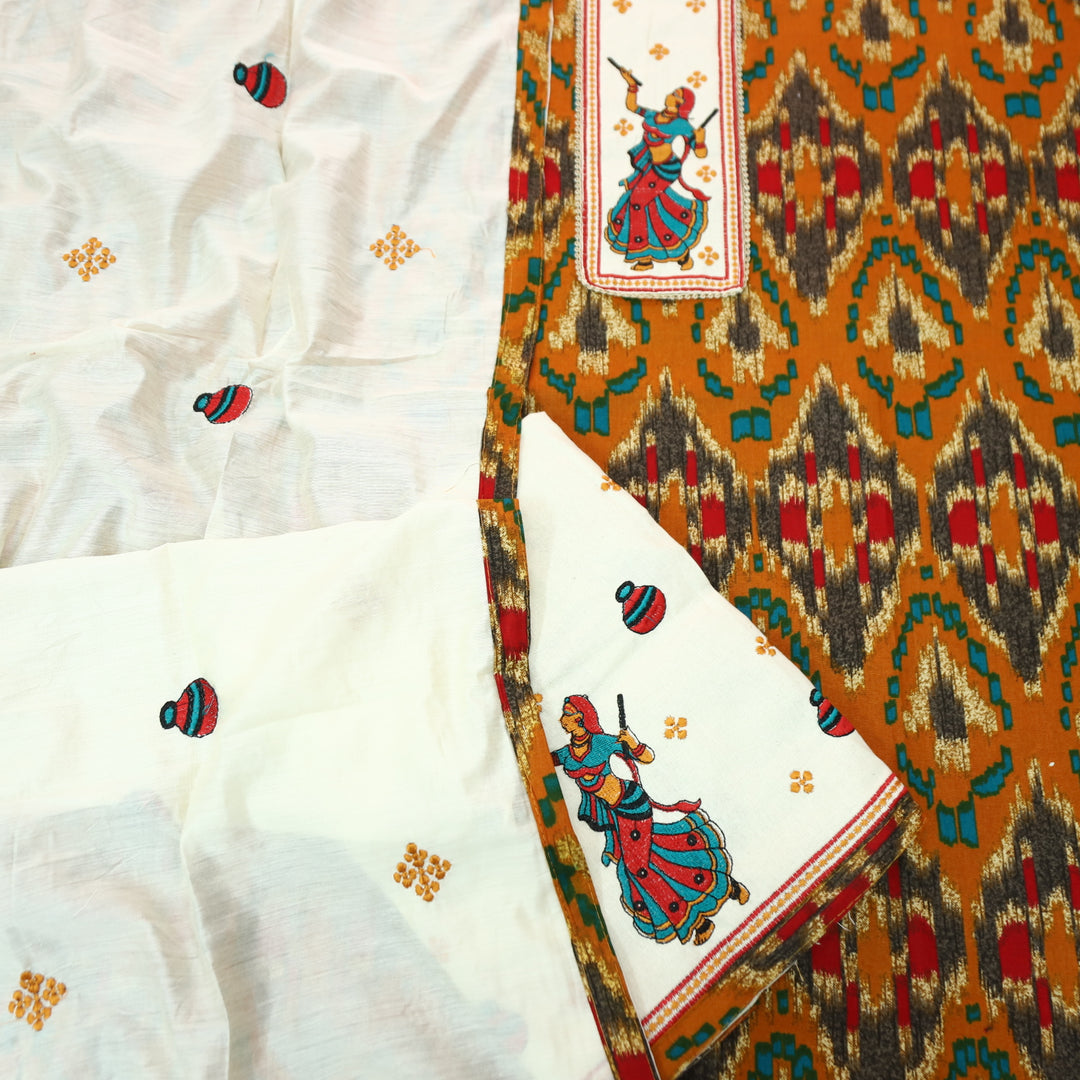 Mayaroop Dijon Yellow Embriodered Patch on Neck in Ikkat Printed Cotton Suit Set