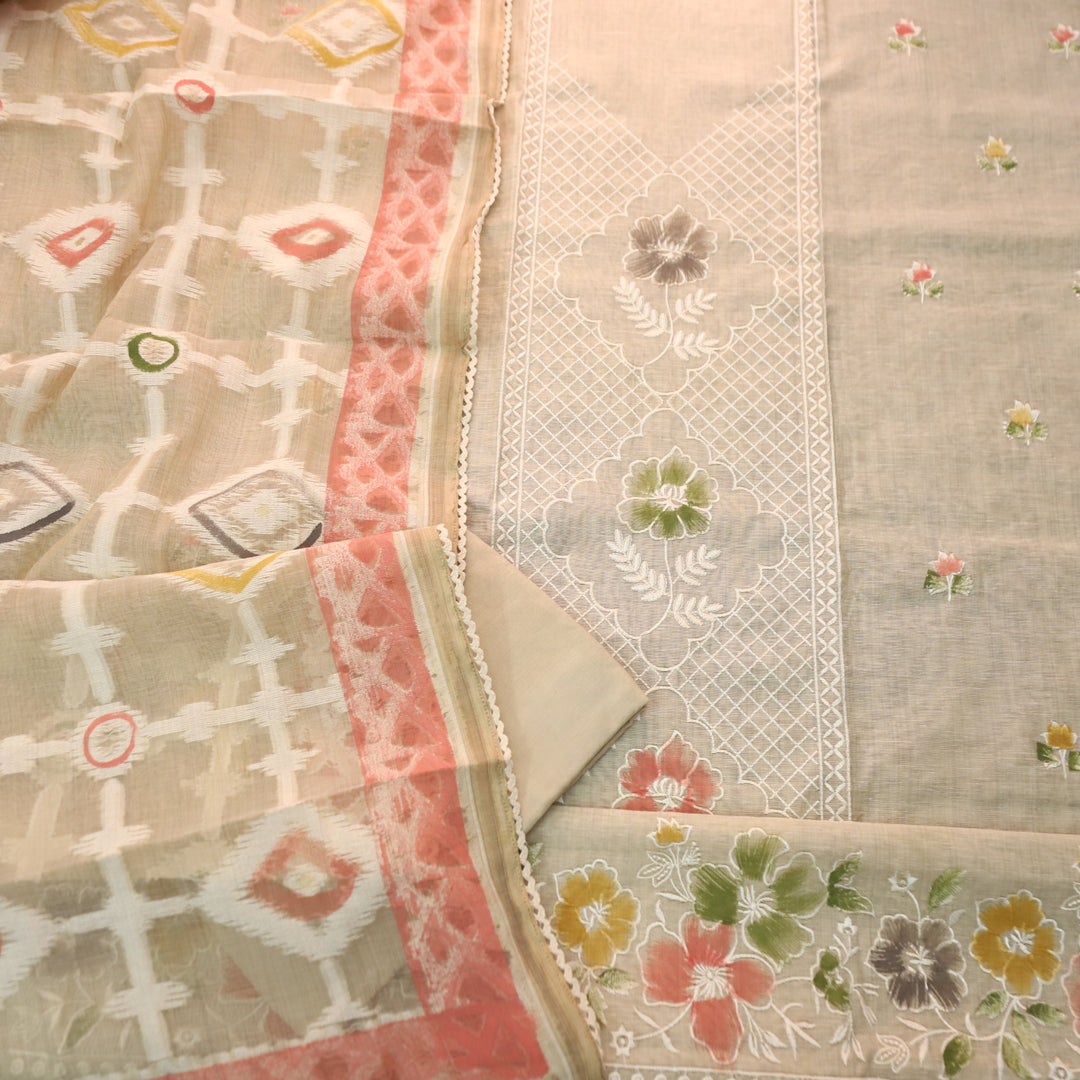 Roopshiddhi Beige with Mauve PInk Floral Thread with Jamdani Weaved Chanderi Set