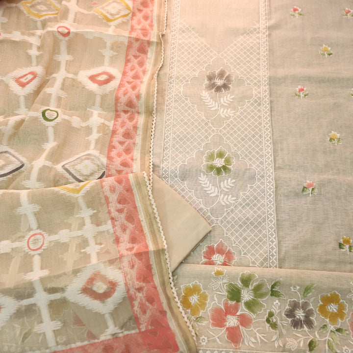 Roopshiddhi Beige with Mauve PInk Floral Thread with Jamdani Weaved Chanderi Set