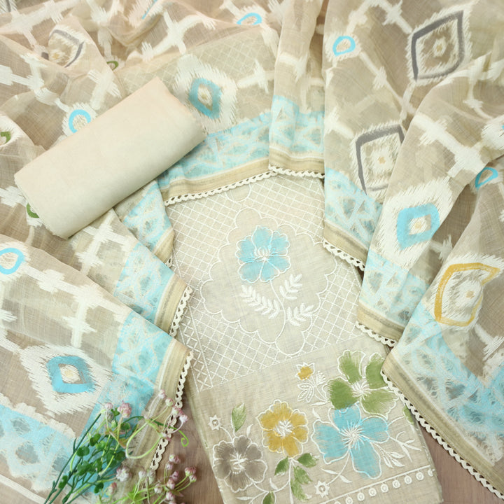Roopshiddhi Beige with Sky Blue Floral Thread with Jamdani Weaved Chanderi Set