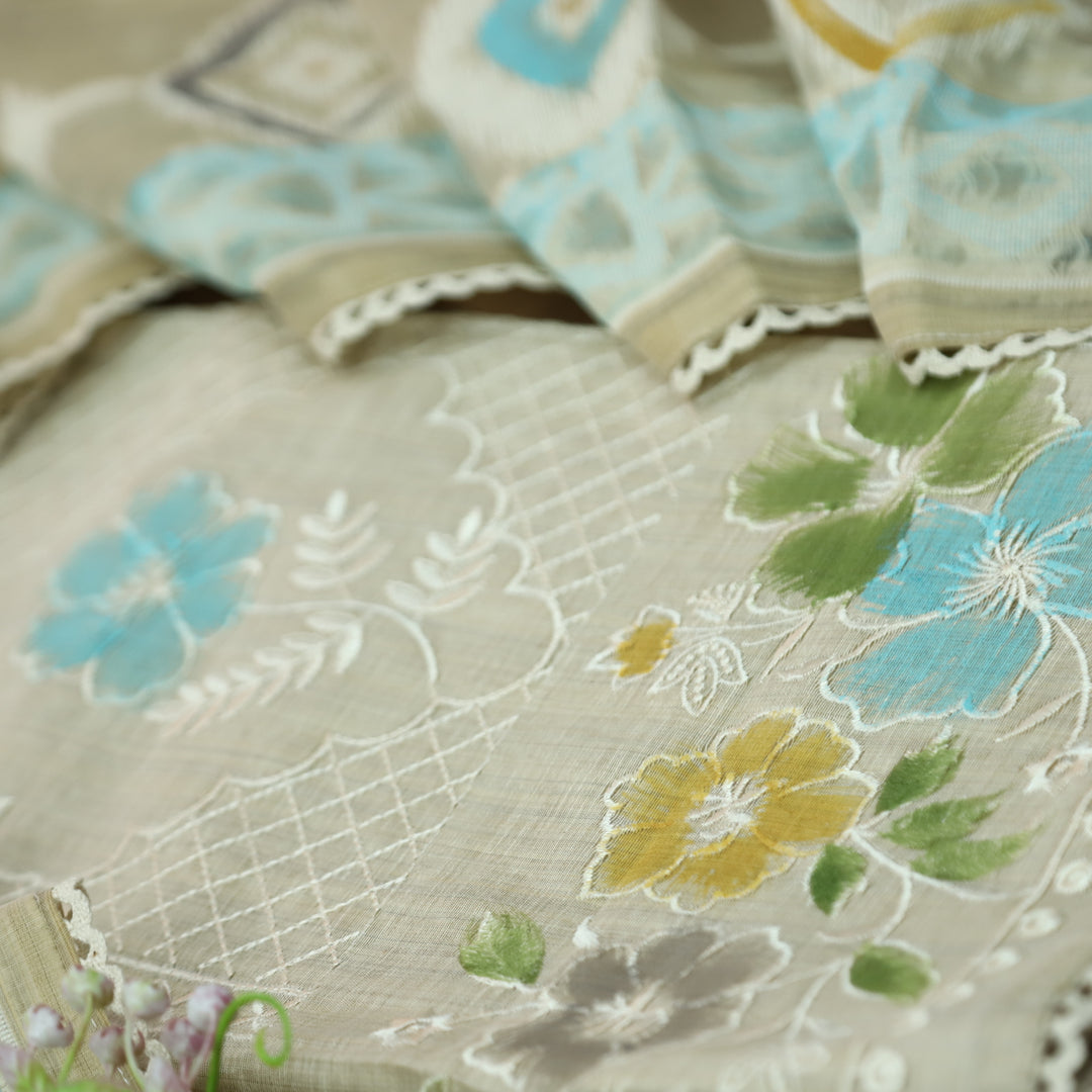 Roopshiddhi Beige with Sky Blue Floral Thread with Jamdani Weaved Chanderi Set