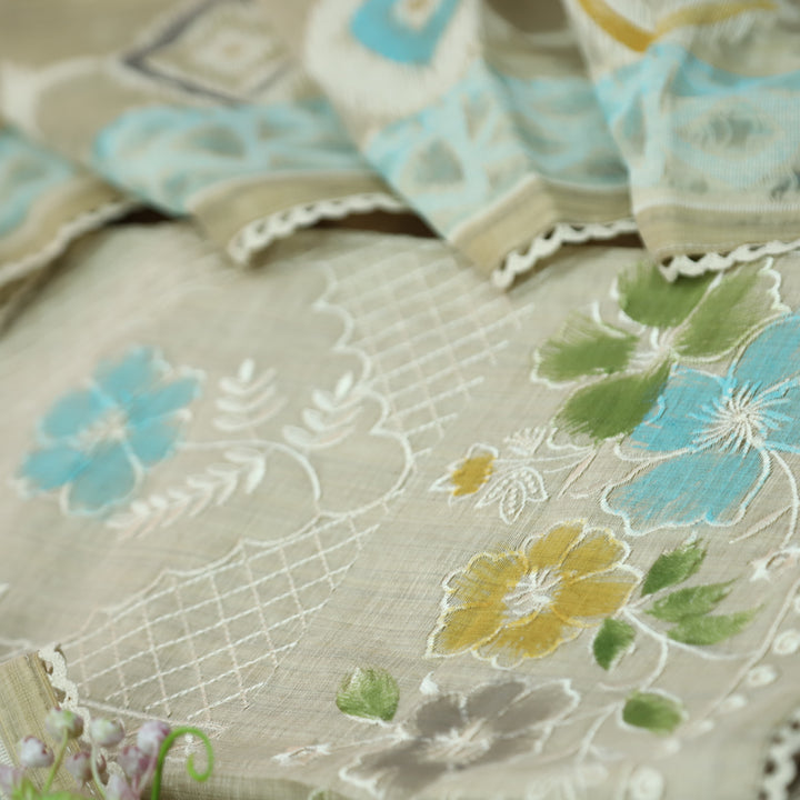 Roopshiddhi Beige with Sky Blue Floral Thread with Jamdani Weaved Chanderi Set