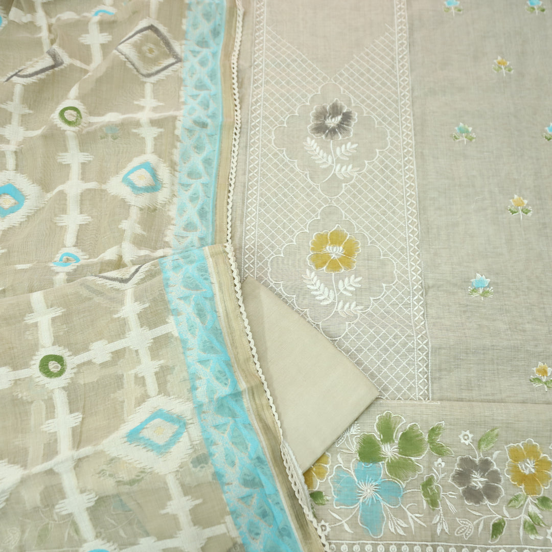Roopshiddhi Beige with Sky Blue Floral Thread with Jamdani Weaved Chanderi Set