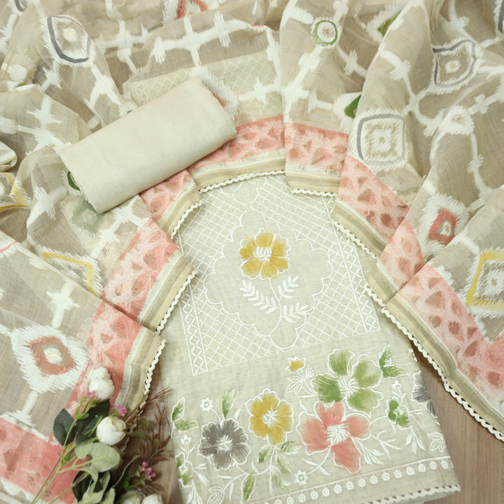 Roopshiddhi Beige with Mauve PInk Floral Thread with Jamdani Weaved Chanderi Set